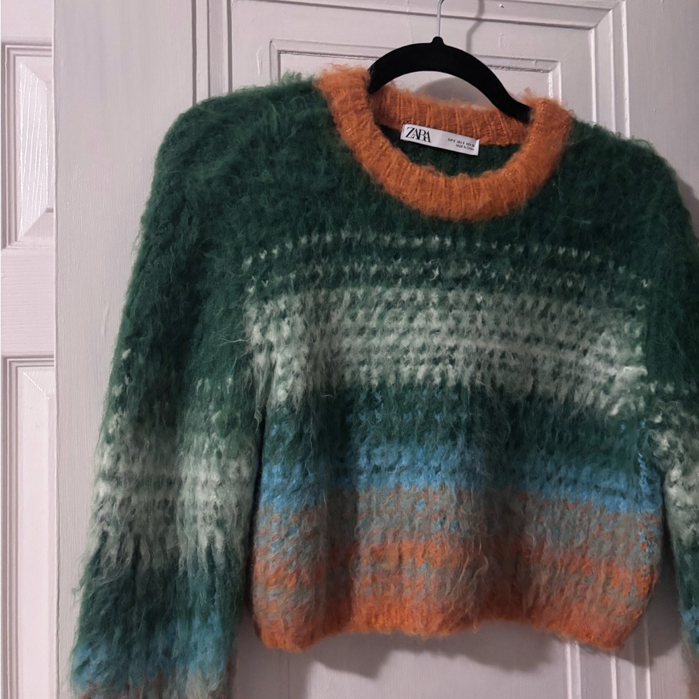 Zara Green and Orange Fuzzy Sweater